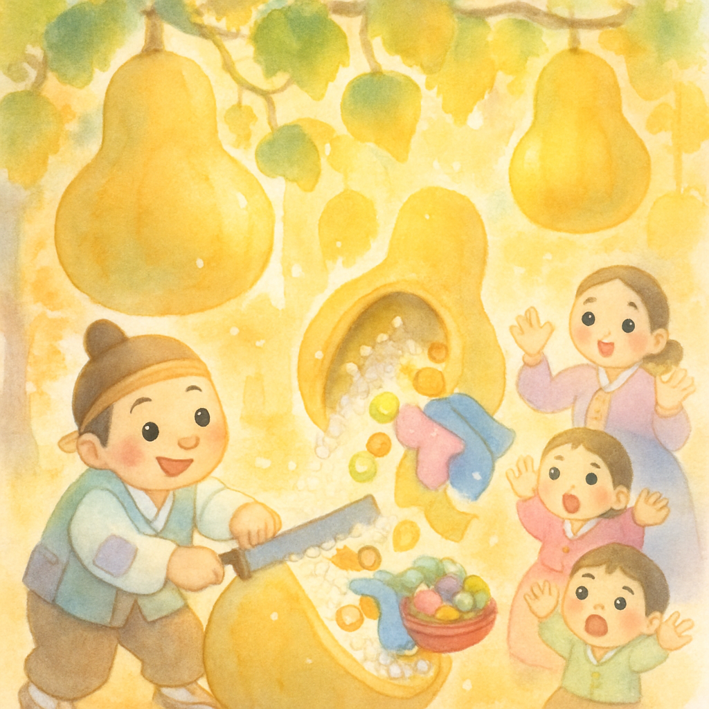 흥부가 자란 박을 톱으로 자르자 쌀, 금, 보물이 쏟아져 나오는 마법 같은 장면